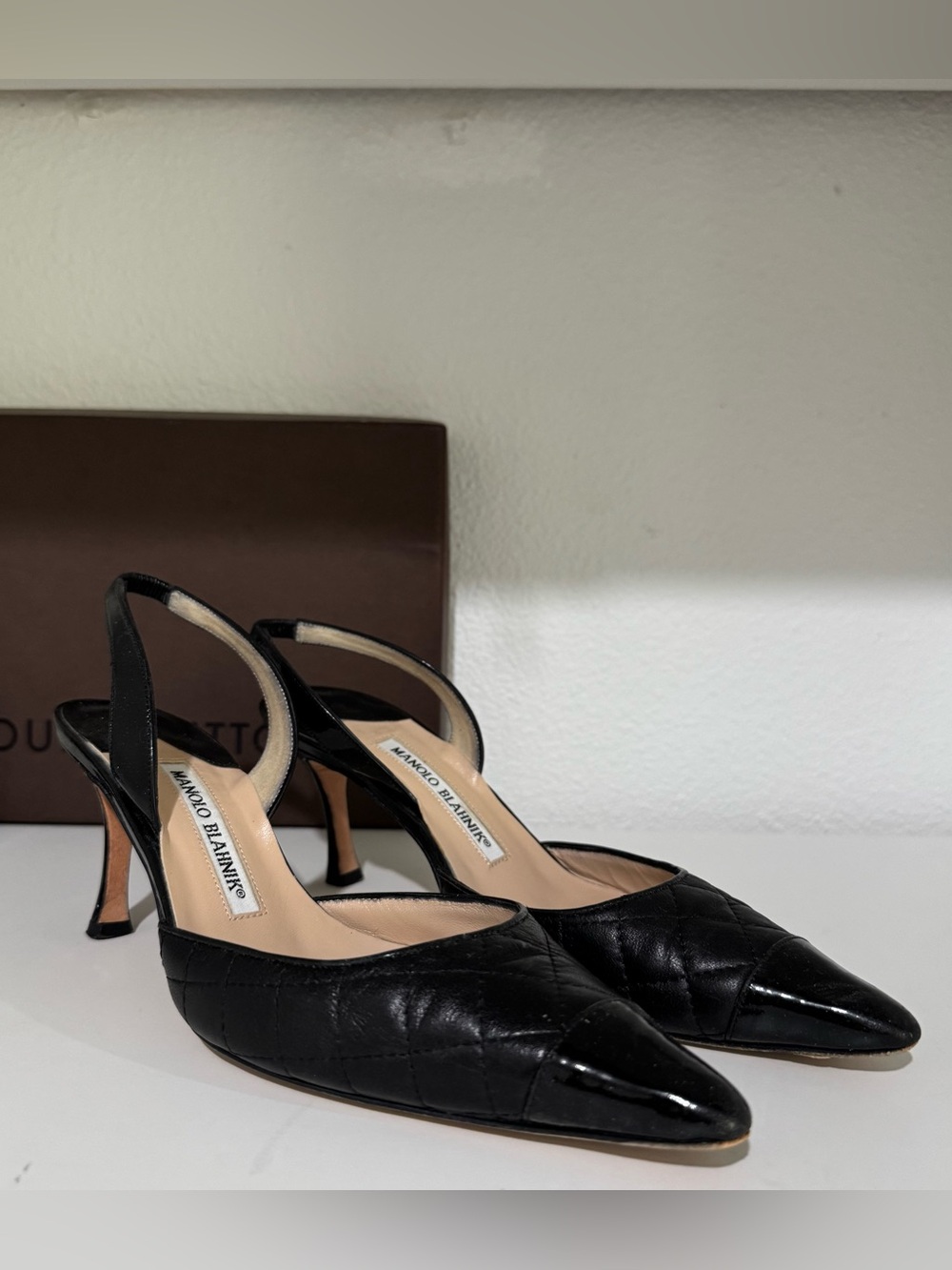 Manolo Blahnik Black Quilted Patent Leather Slingback Pumps
